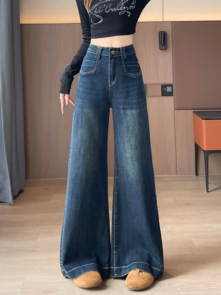 Retro-Jeans im amerikanischen Stil für Damen im Herbst und Winter, neue, hoch taillierte, schmal geschnittene, dicke, vielseitige Hose mit geradem Bein