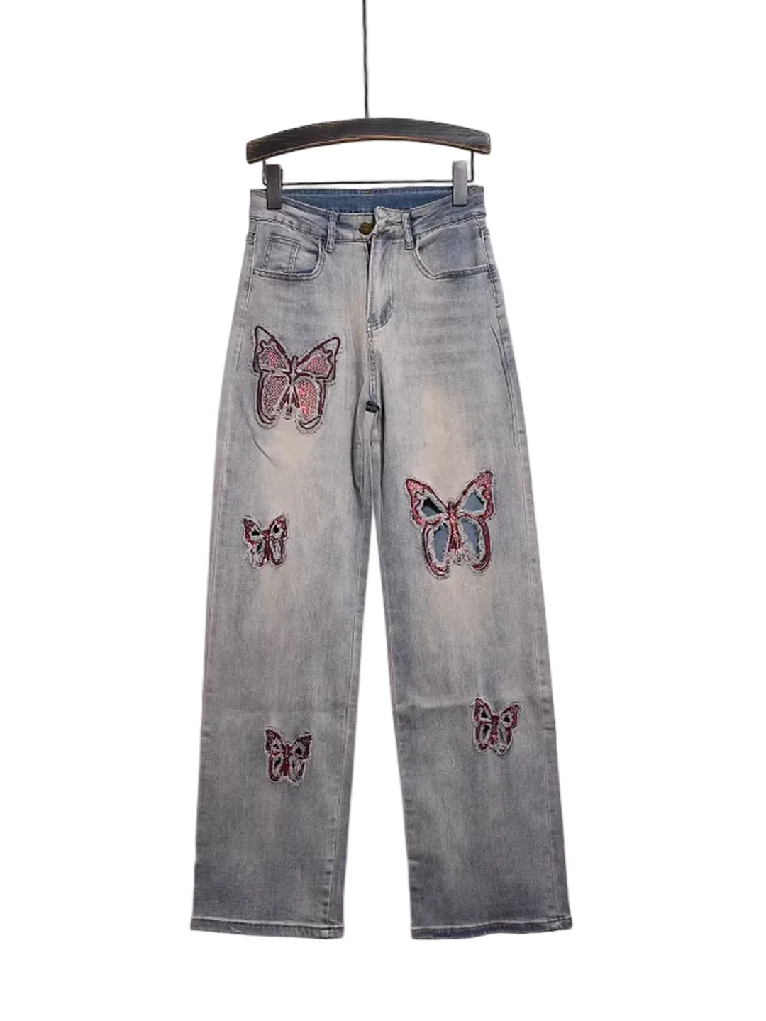 Spring 2026 Embroidered  Hollow out Denim Jeans Women's High Waist Straight Leg Glittering Wide Leg Pants Commute Style