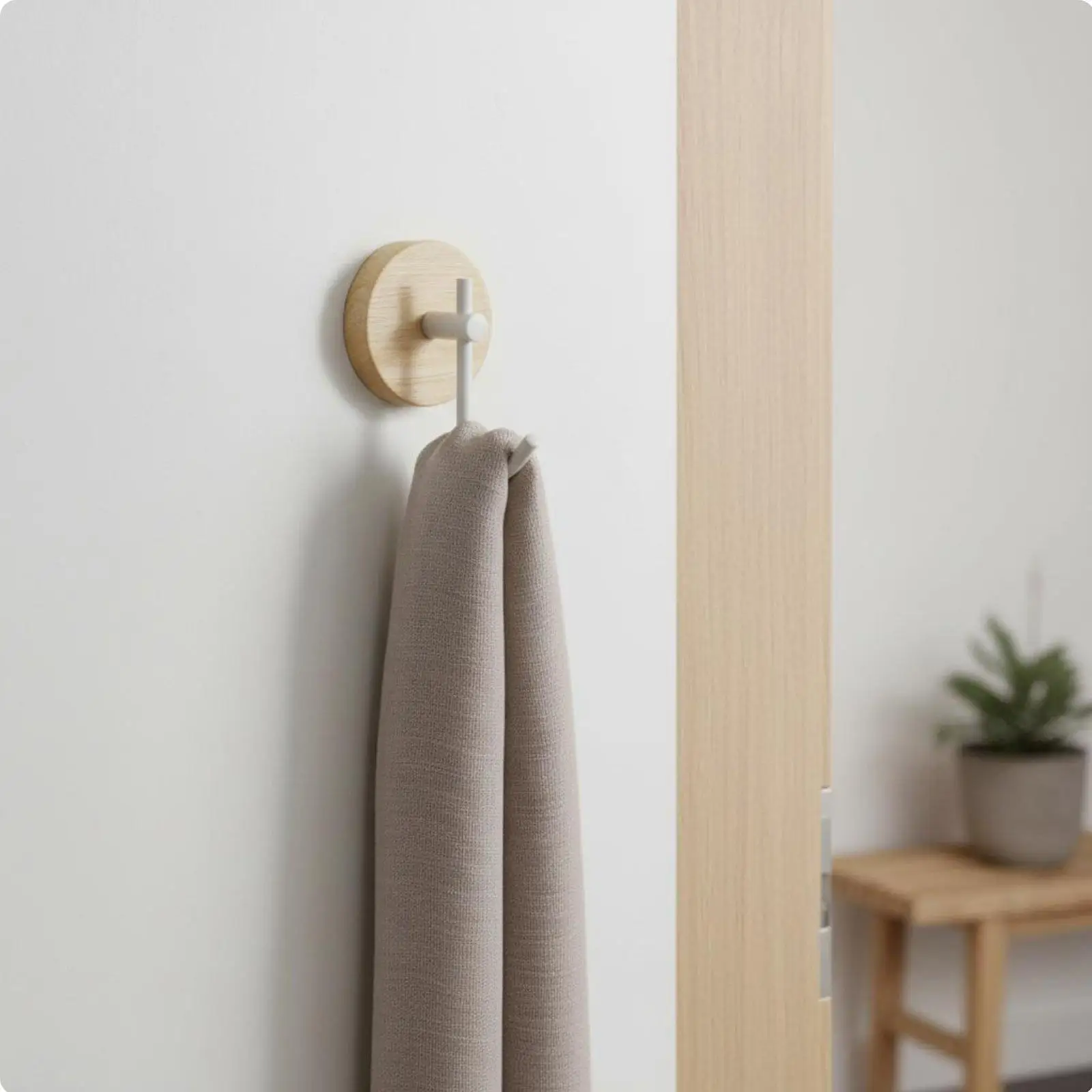 Wooden Wall Hook for Coats and Bags Heavy Duty Adhesive Mount No Damage Beech White Finish Modern Entryway Organizer 5kg