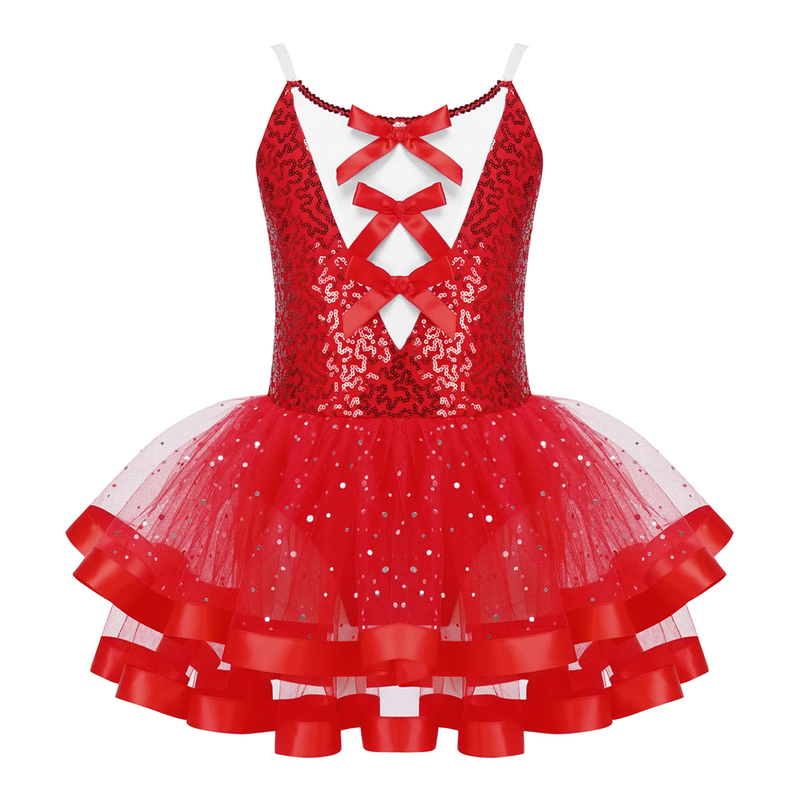 

Kids Girls Ballet Leotards Dress Sleeveless Adjustable Suspender Bowknot Shiny Sequins Tutu Mesh Dance Dress Christmas Costume