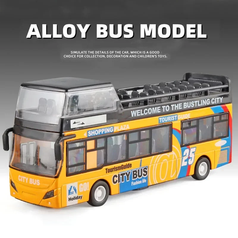 

1/32 Simulation Alloy Double Decker Sightseeing Bus Toy With Sound And Light Pull Back Collection Car Model For Kids Gift