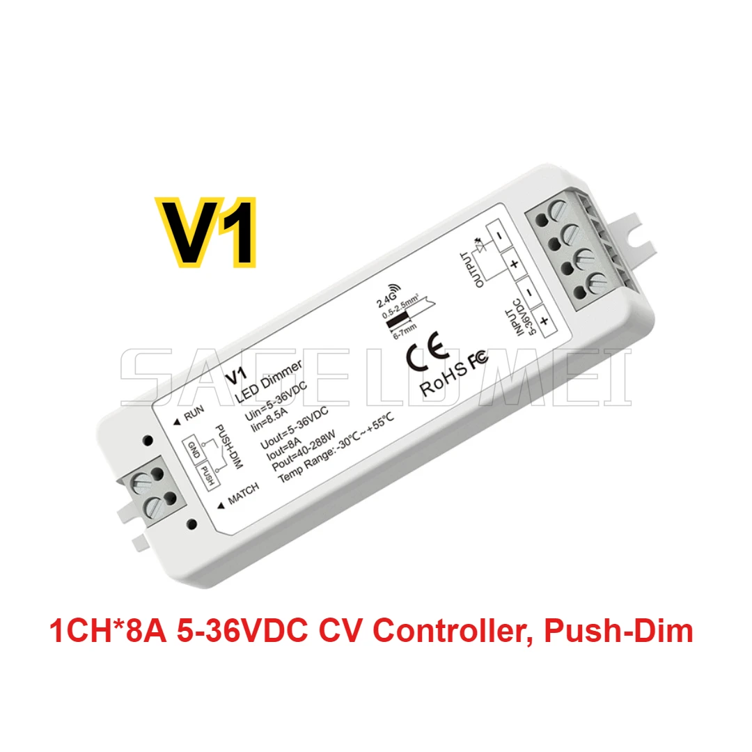 LED Controller Set V1+R11 1CH*8A 5-36VDC CV Controller Push-Dim 1 Zone Dimming Remote Control Single Color LED Strip RF 2.4GHz