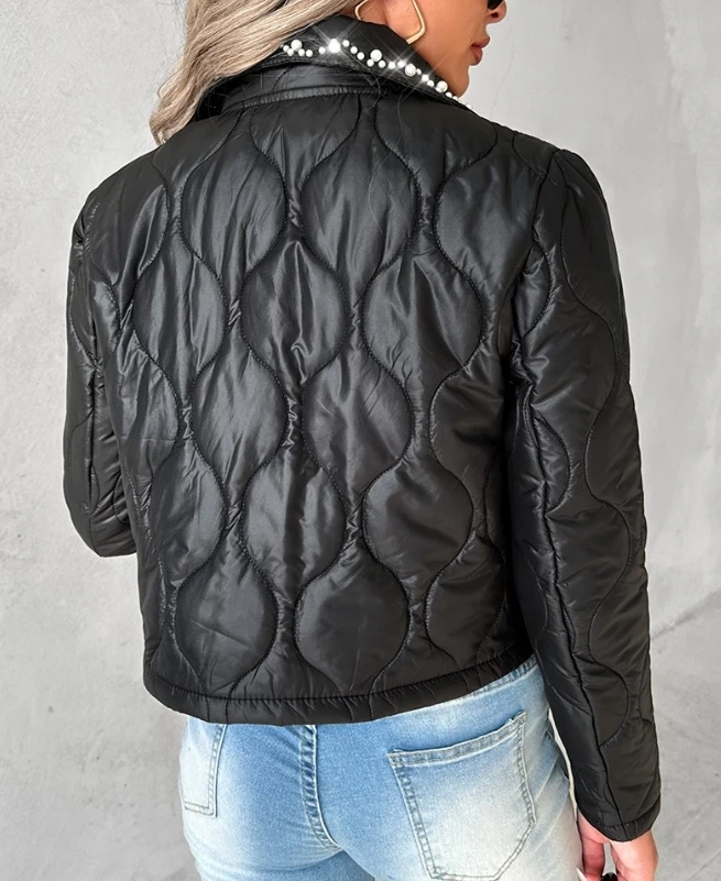 Jackets for Women 2023 Winter New Fashion Casual Plush and Warm Beaded Crop Quilted Puffer Jacket Female Outerwear Chic Tops