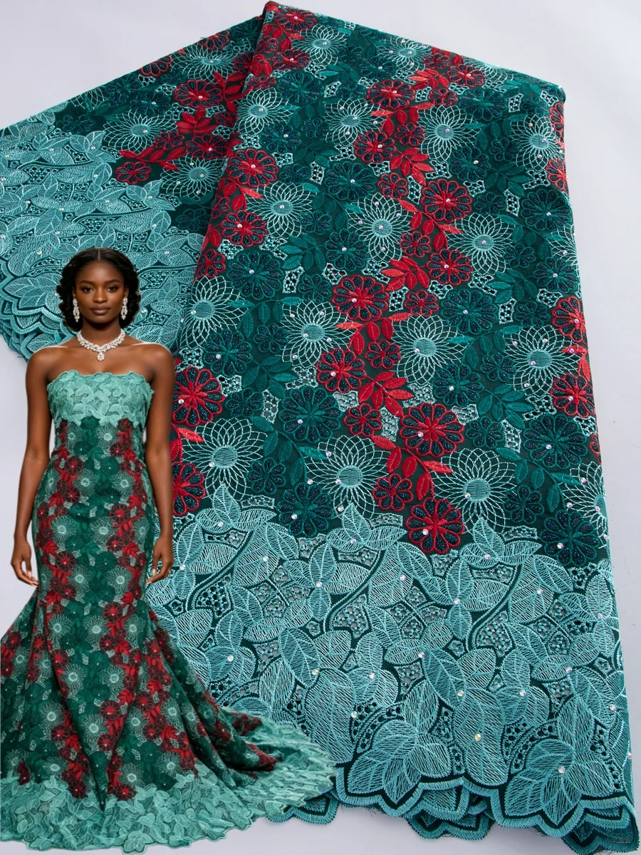 

Швейцарская хлопковая ткань вуаль с кружевом и камнями, африканское нигерийское кружевное вышитое полотно для женских праздничных платьев, новинка 2026 года, 5 ярдов, 4818