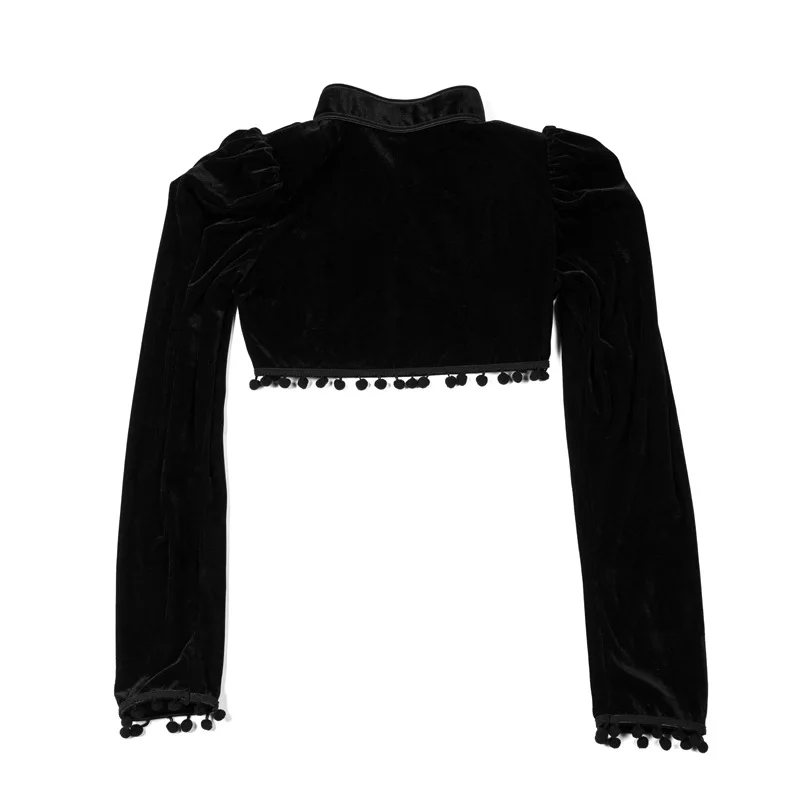 Mittelalterliche Steampunk-Jacke, Schwarze Quasten-Stehkragen-Kurzjacke, Damen-Gothic-Mantel, Nabelfreier Langarm-Retro-Slim-Fit-Mantel – Detail 6