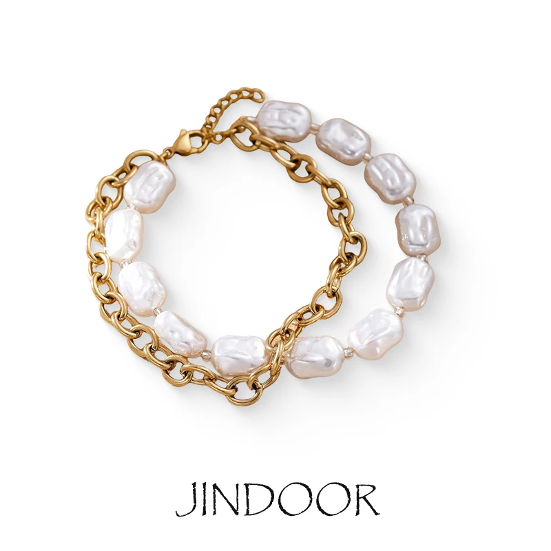 JINDOOR Vintage Elegant Double-Layer Baroque Pearl Bracelet – Gold-Plated Stainless Steel for Women, Chic Minimalist Design