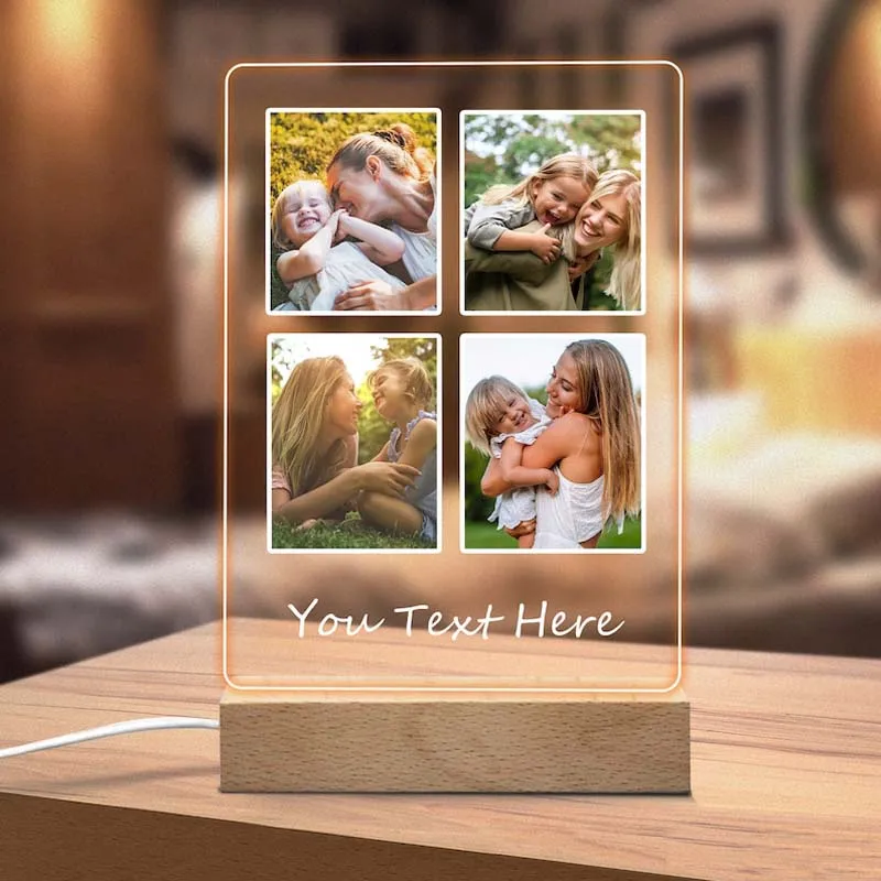 Personalized Mother's Day Gift Custom Photo Plaque with Wooden Base Night Light Acrylic Plaque Father's Day Personalized Gift