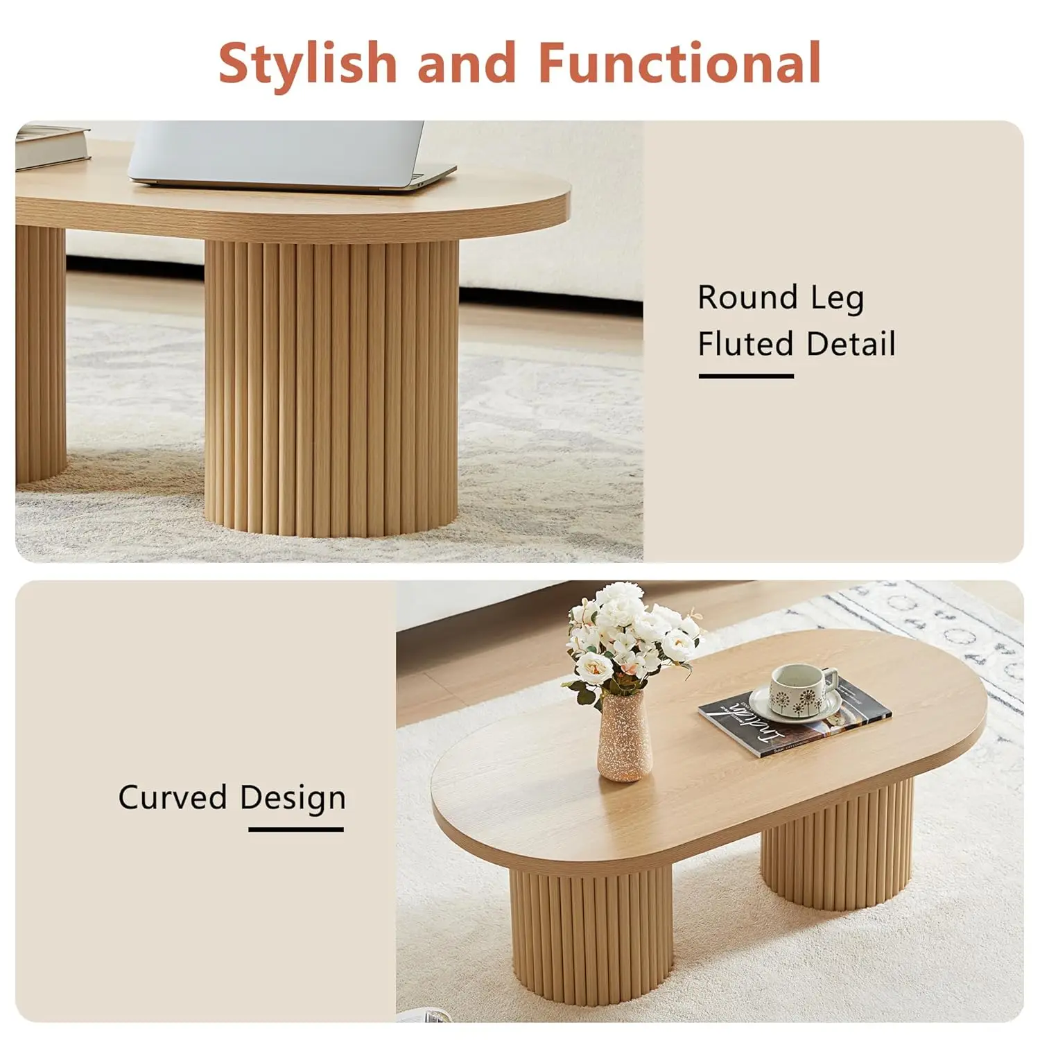 Oval Fluted Coffee Table, Farmhouse Wood Coffee Table Mid Century Modern Center Table Boho Living Room Tables For