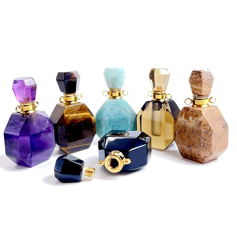 Natural Stone Irregular perfume Bottle Amethyst Tiger Eye Crystal Essential Oil Diffuser Pendant for Men and Women Lucky Jewelry