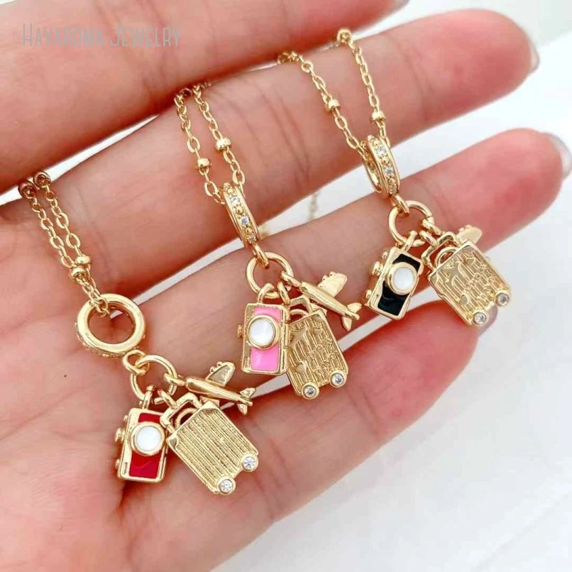 5Pcs Metal Enamel Jewelry Copper Trunk Camera Geometric Airplane Wholesale Gold Color Necklace