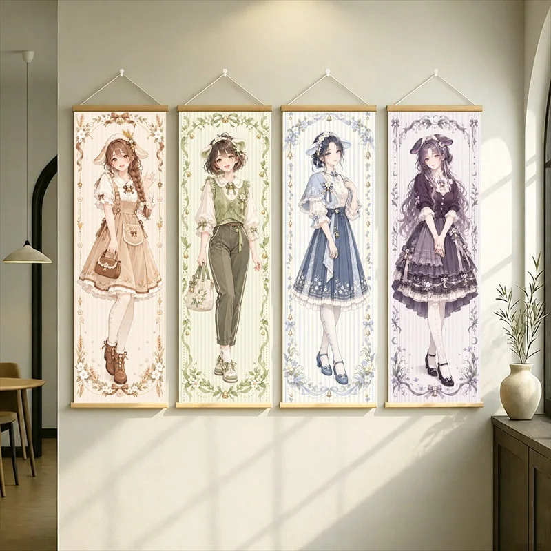 Anime Women in Tan, Olive, Blue and Purple Dresses Hanging Scroll with Ornate Floral Borders for a Cozy Reading Nook