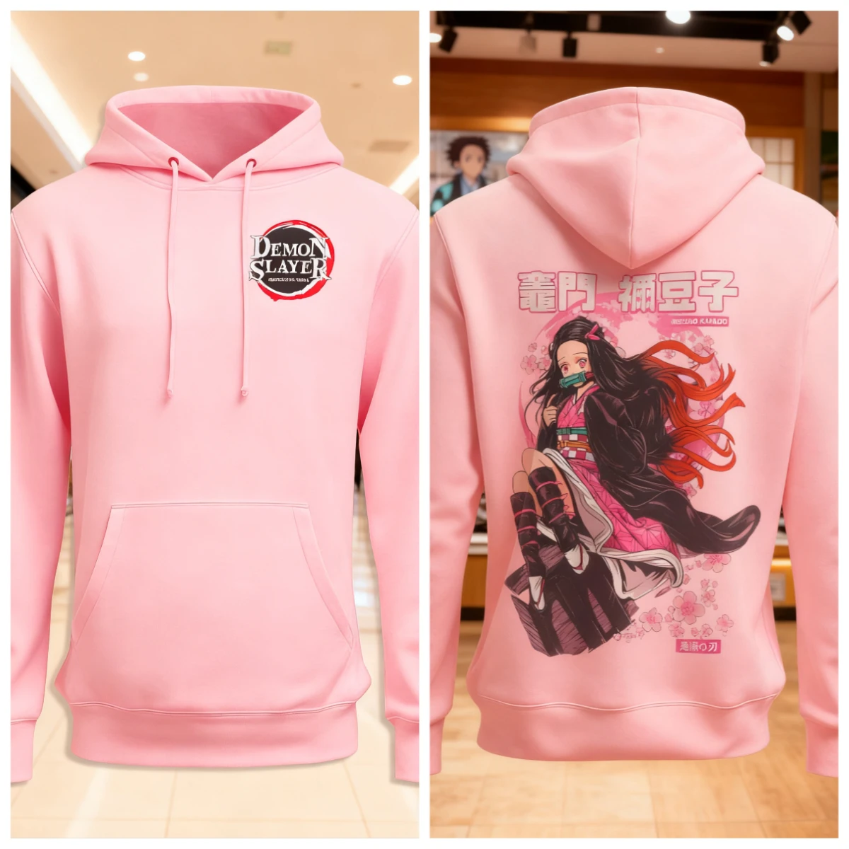 شيطان القاتل أنيمي القطن هوديي اللون الوردي طباعة شخصية مع الشعر الطويل أسود أحمر الزي التقليدي تصميم الظهر عارضة