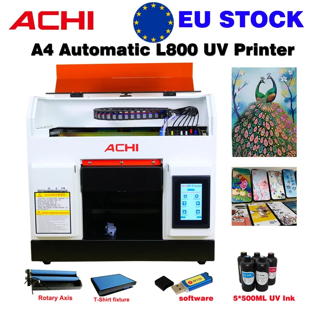 طابعة ACHI A4 UV مع حبر LED رقمي L800 UV آلة طباعة مسطحة لحافظة الهاتف الزجاجية أسطوانة زجاجة معدنية خشبية