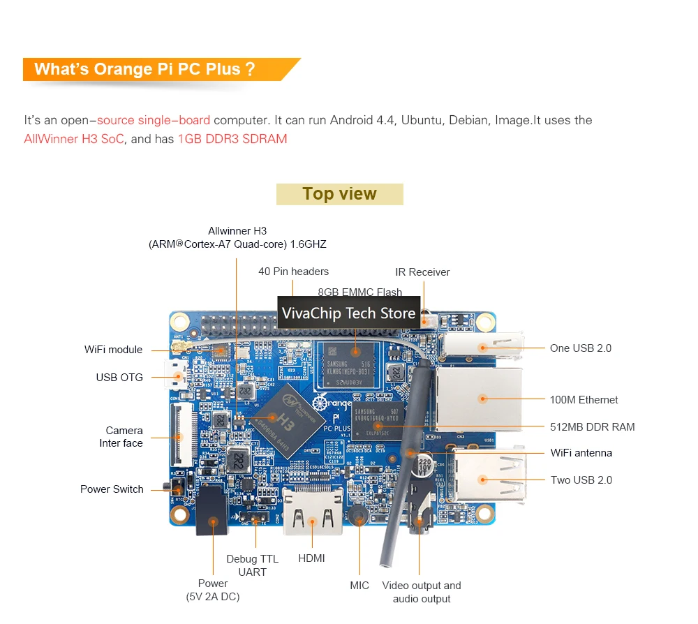 VivaCTOrange Pi PC Plus+Power Cable, With USB To DC 4.0MM - 1.7MM Length,Support Android,Linux Single Board
