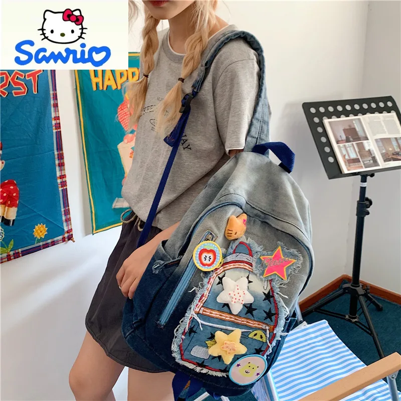 Sanrio Fashion Retro Cowboy Color blocked Backpack Student Sweet and Cute Cartoon Hello Kitty Large Capacity Backpack