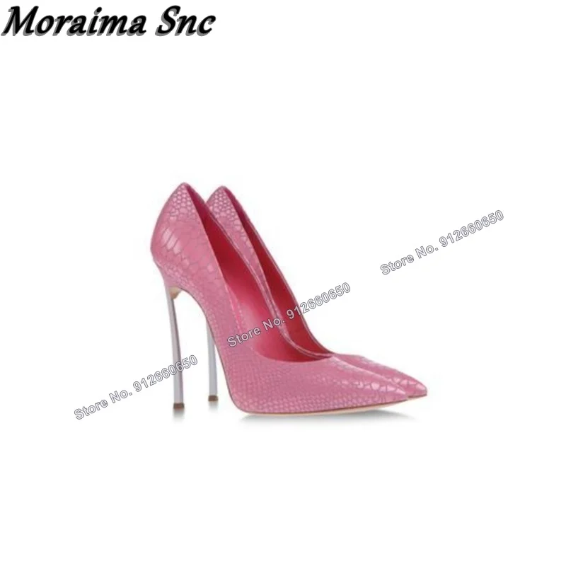 Moraima Snc Pink Stone Print Metal Heel Pumps for Women Solid Stilettos High Heels Lady Wedding Shoes on Heels Pointed Toe Pumps