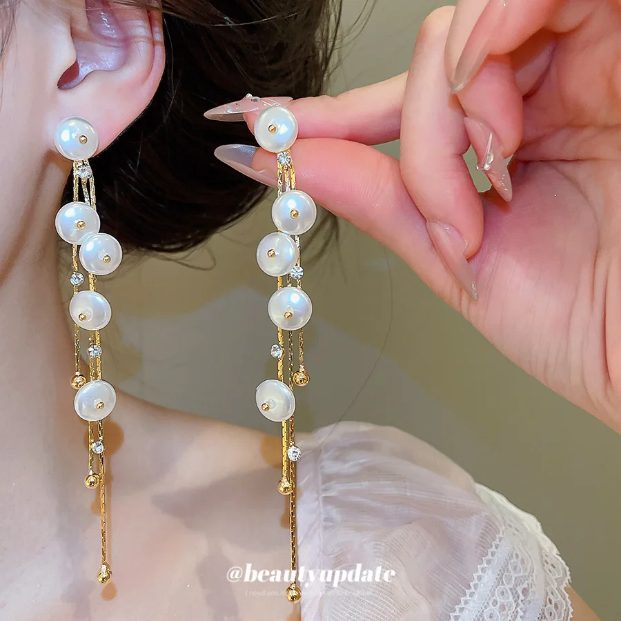 Elegant Long Tassel Drop Earrings Multi Tiered Imitation Pearl Dangle Gold Plated Line Brincos Aesthetic Wedding Jewelry