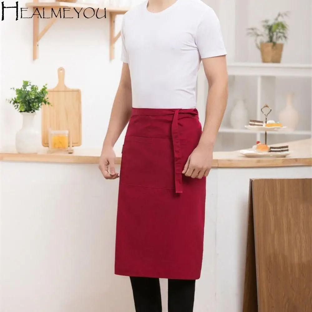 多機能防汚ハーフエプロン調節可能な無地シェフユニフォームユニセックスレースアップデザインキッチン調理エプロンカフェ