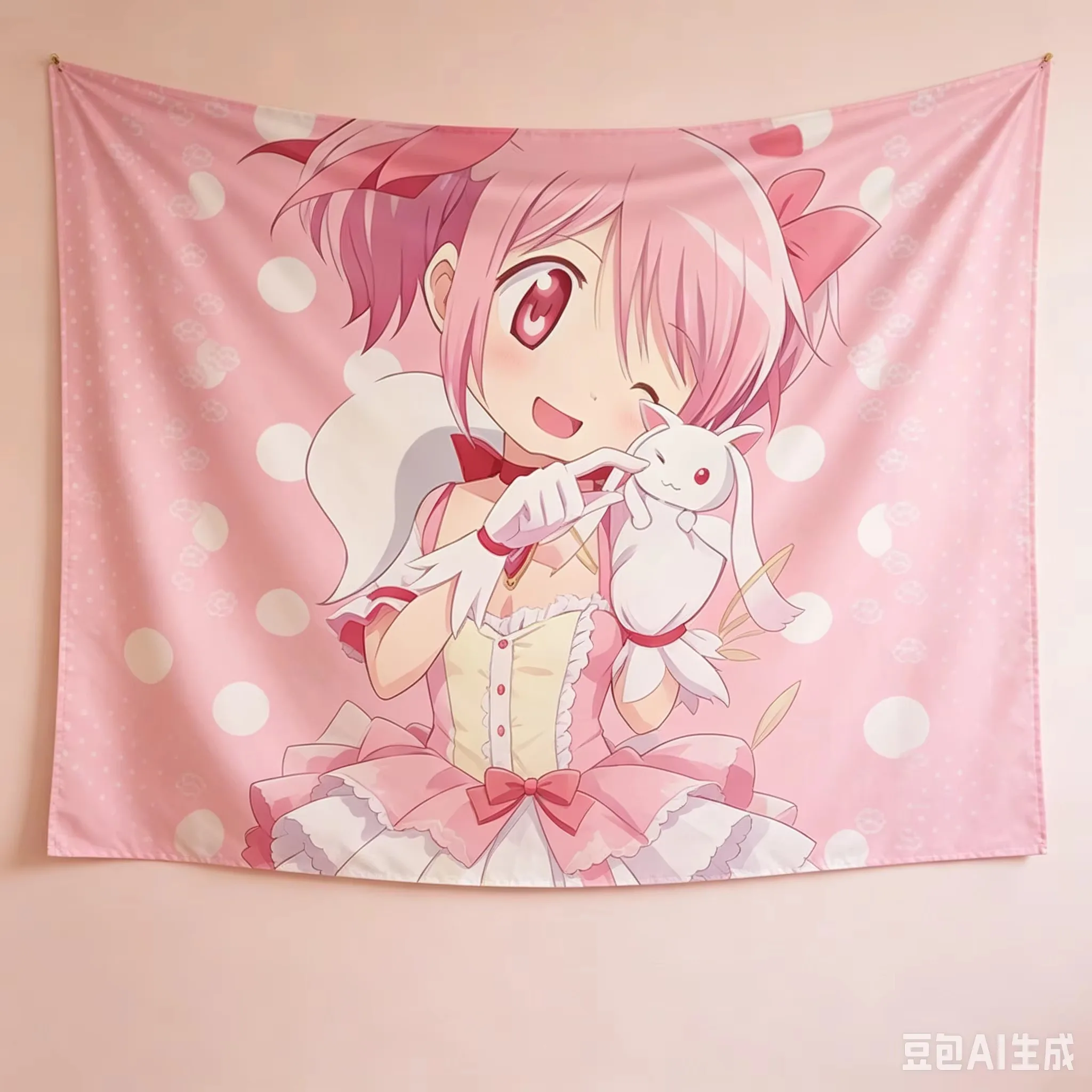 Kawaii Pink Madoka Magica Tapestry, Pastel Polka Dot Print Wall Hanging Large Size Polyester 2D Art for Bedroom Dorm Room Decor