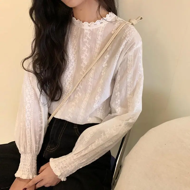 

Chic White Lace Hollow out Hook Flower Lantern Sleeve Shirt Women's Spring Autumn Fashionable Versatile Straight Cut Long Sle...