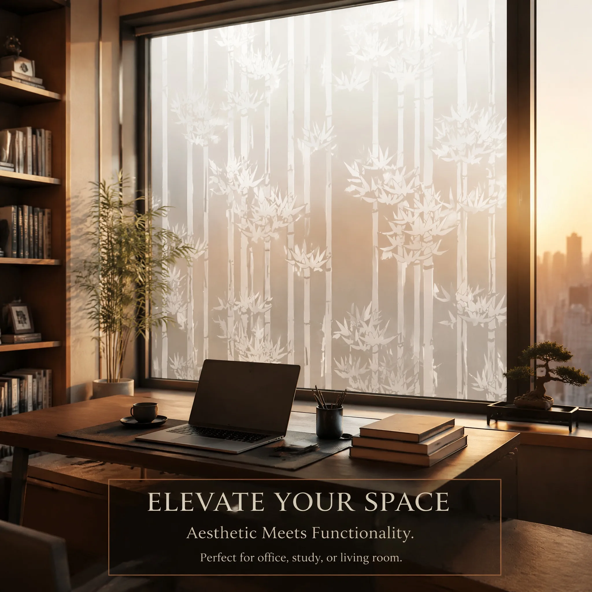 Elegant Vertical Bamboo Silhouette Self-Adhesive Frosted Window Film 100% Privacy Protection Waterproof Oil-Proof Anti UV Heat