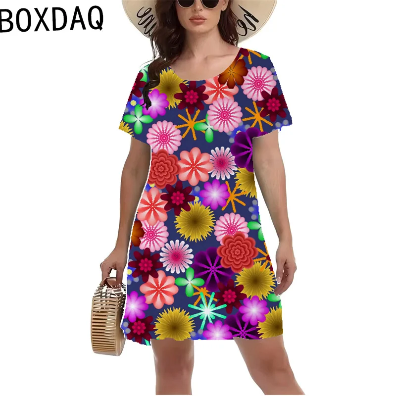 New Hot Selling Beach Vacation Dress Women Vintage 3D Elegant Floral Patterns Dress Summer Short Sleeve O-Neck Casual Dress