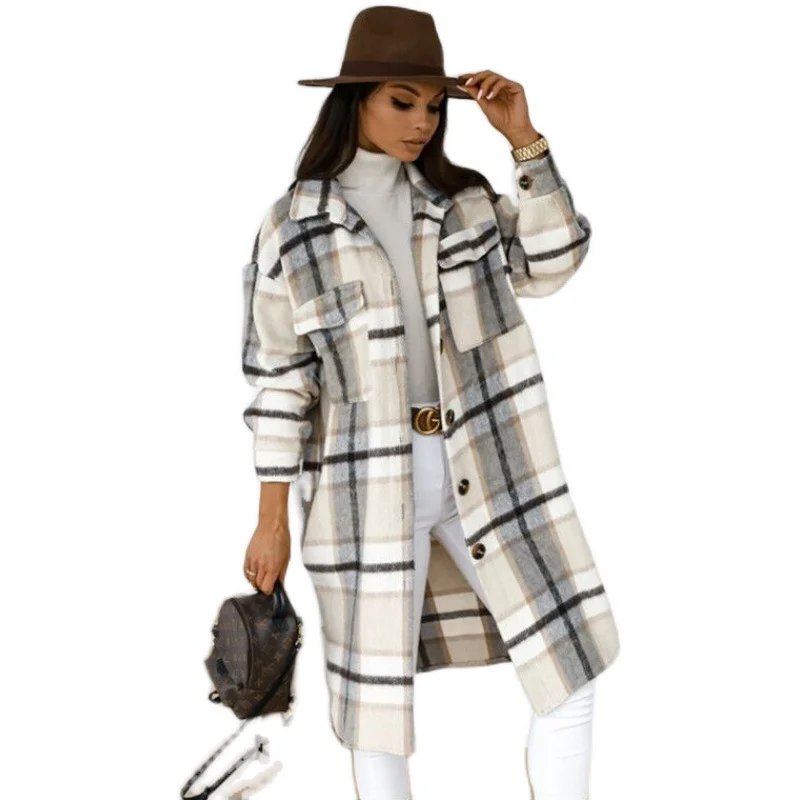 Women Plaid Printed Warm Jacket 2021 Autumn Winter New Fashion Casual Long Overcoat Pop Lapel Lady Single Breasted Shirt Coats