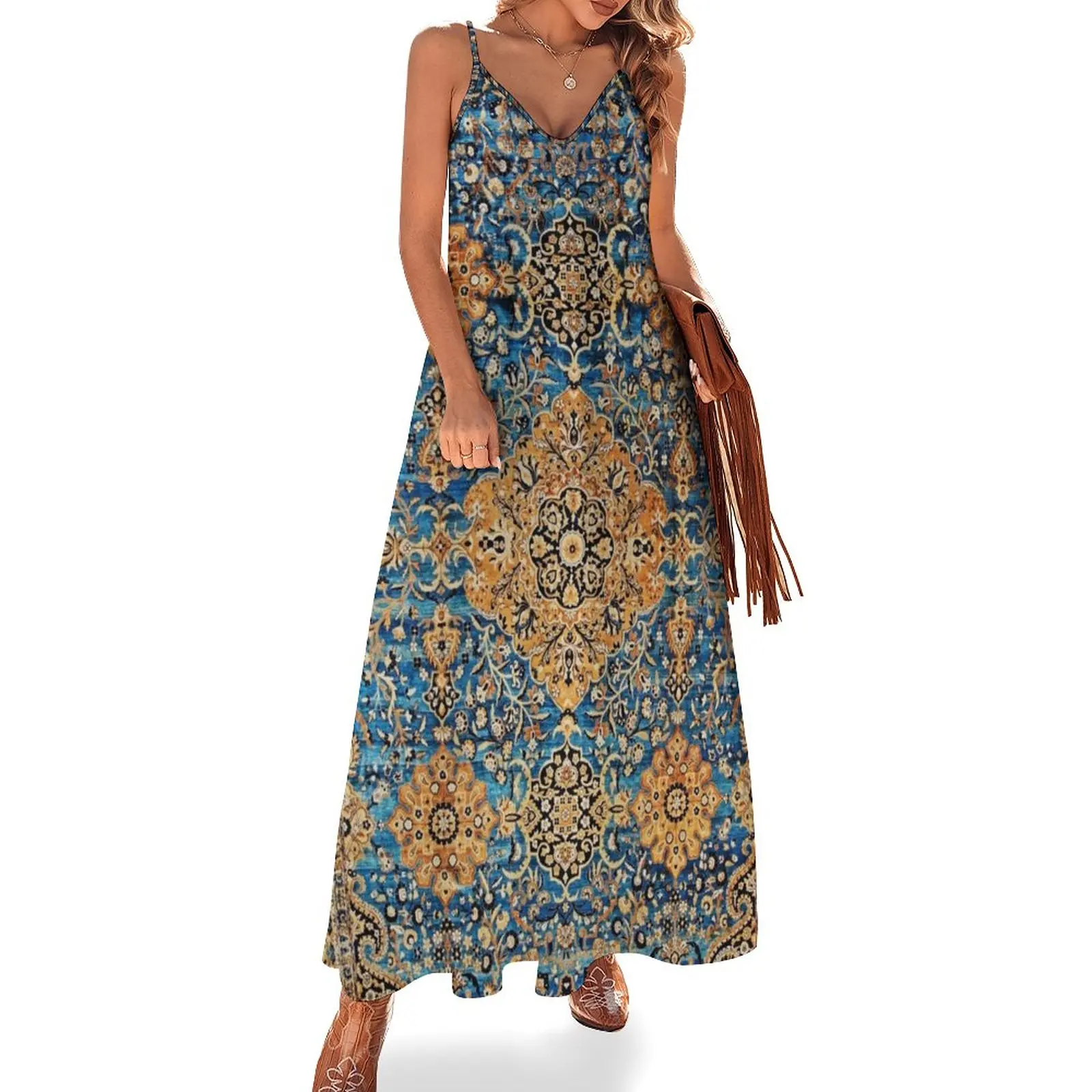 

Antique Blue Persian Kirman Rug Print Sleeveless Dress luxury evening dresses 2024 luxury dresses Long veiled dresses