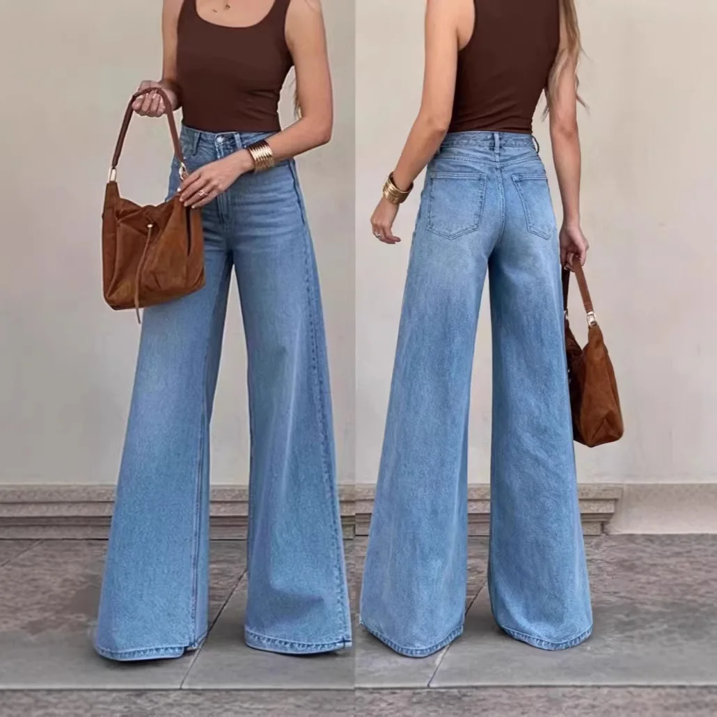 Casual Mid-Waist Elastic Denim Jeans Elegant Party Wide Leg Pants with Pockets Vintage Washed Cotton Polyester Blend Jeans