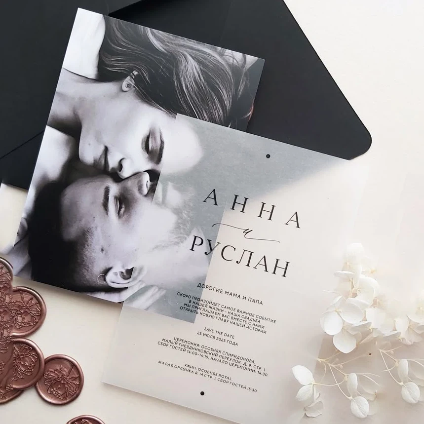 

Custom Elegant Wedding Invitation Photo Card With Velllum Paper Personalized Text Design Print Save The Date Announcement Party