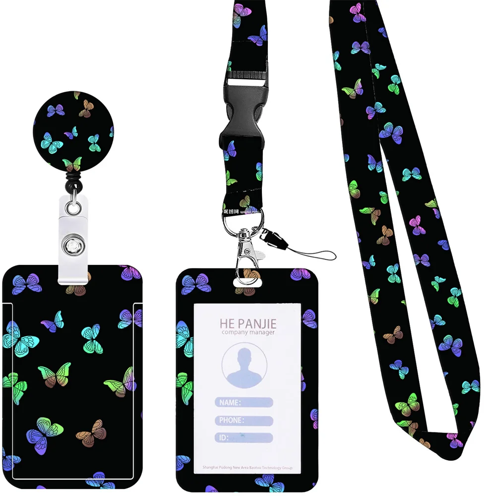 Butterfly Print Retractable Badge Reel Set with Lanyard Nurse Doctor Medical Worker Student Exhibition Business ID Card Holder