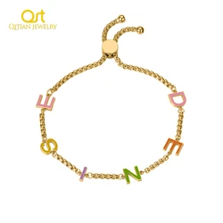 Qitian Custom Colorful Letter Bracelet Personalized Enamel Name Bracelets Stainless Steel Jewelry Charm Simple Gift For Women