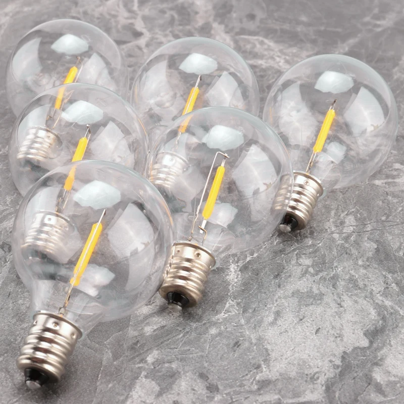 6Pcs G40 Led Replacement Light Bulbs, E12 Screw Base Shatterproof LED Globe Bulbs For Solar String Lights Warm White