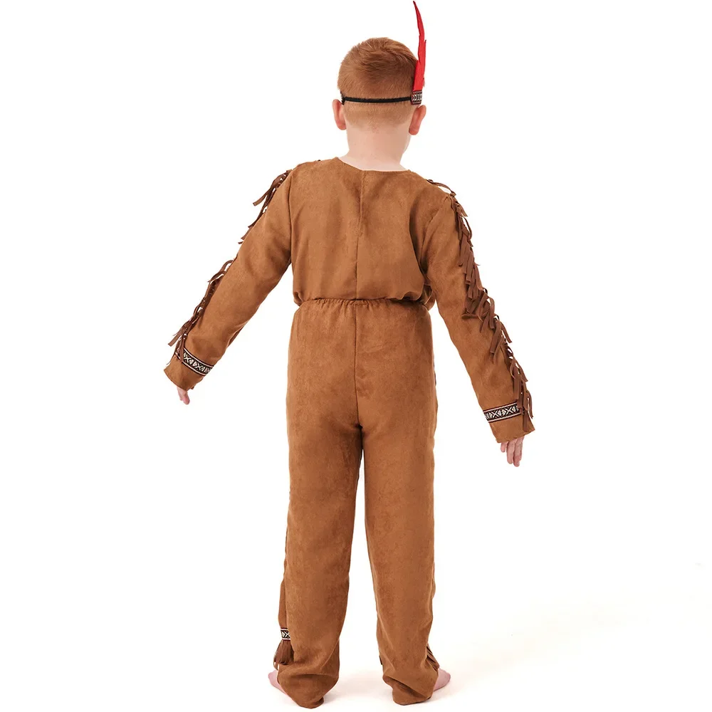 Kids Halloween Native Costume Boys Brown Color American Indian Tribal Warrior Outfits