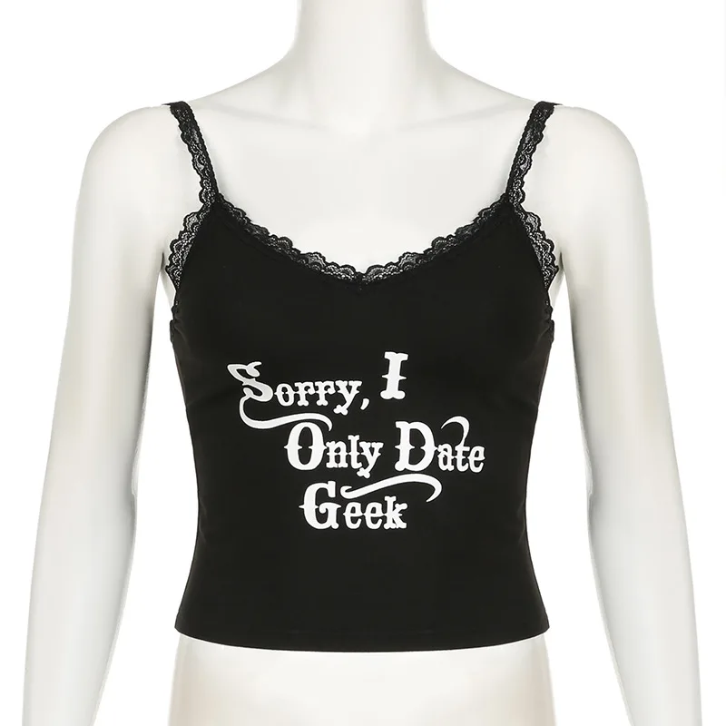 Goth Dark Cyber Y2K Lace Patchwork Sling Crop Top Gothic Fashion Letter Print Backless Tank Tops Fairy Basic V-neck Alt Camis