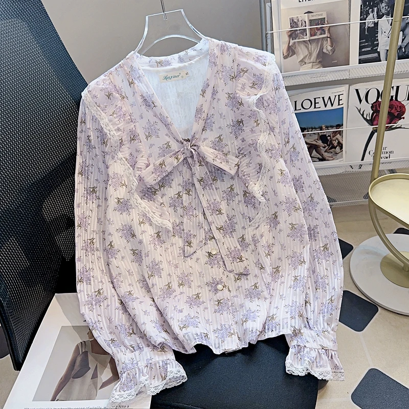 レディースシャツブラウス新作長袖ボウカラープリントフリルシャツブラウス女性トップスブラウスシャツブラウスブラウスパラムヘール2025 Q602