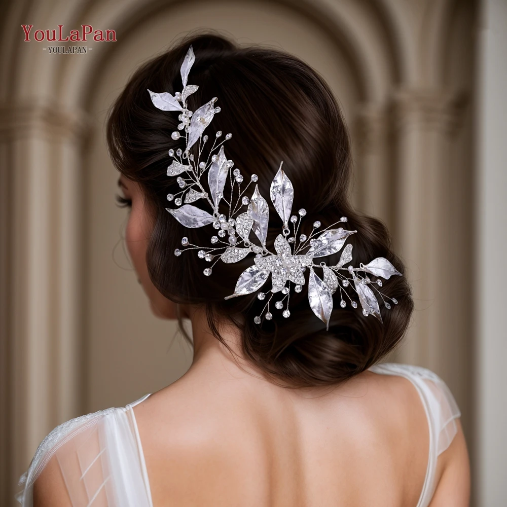 YouLaPan Shiny Alloy Leaf Bridal Headband Woman Hair Accessories Wedding Rhinestone Bridal Headpiece Bridesmaid Head Piece HP299