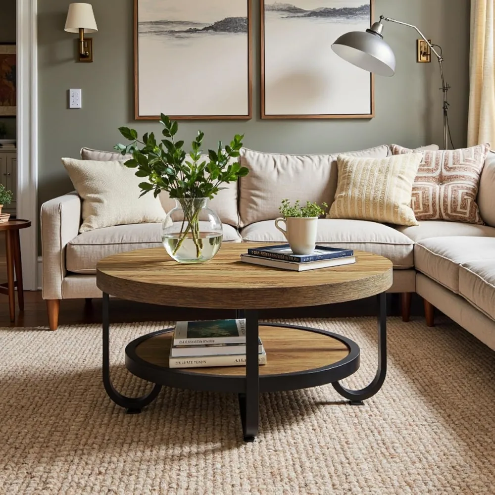 Современный двухуровневый круглый деревянный журнальный столик с полкой для хранения и металлическим каркасом, акцентный столик в стиле фермерского дома 31,5