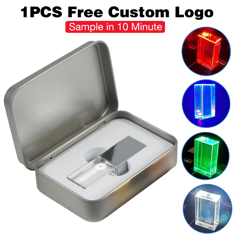 

Lron Box and LED Light Crystal Memory Stick 128GB 64GB 32GB 16GB 8GB USB Flash drive Free Customization logo Pen drive U Disk