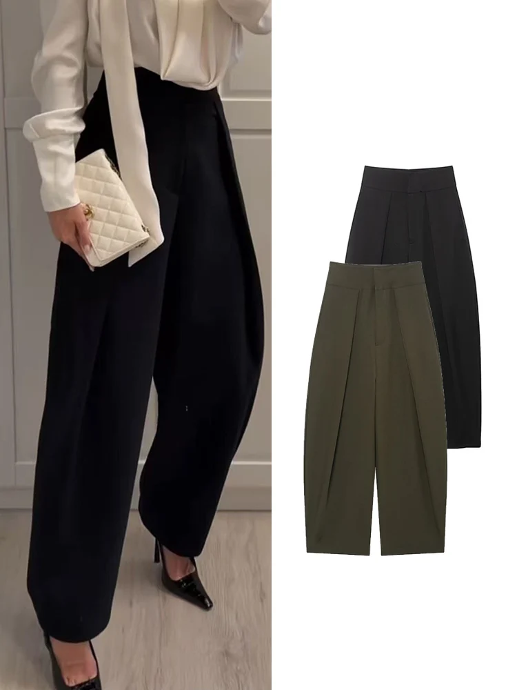 TFMLN primavera otoño pantalones versión globo para mujer moda Simple alta cintura plisada pantalones casuales ropa suelta versátil para mujer