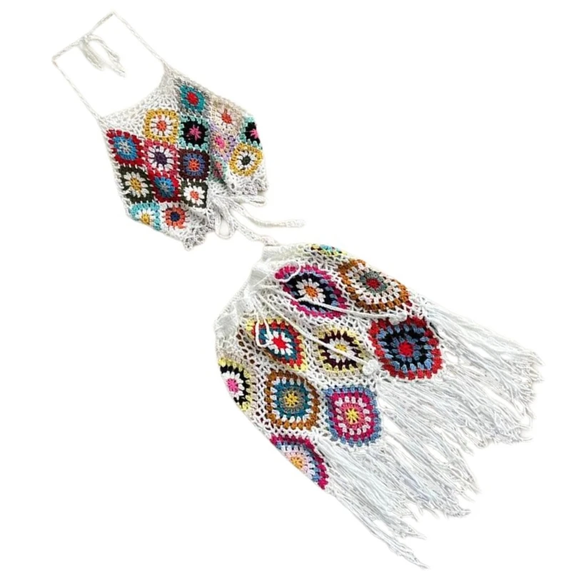 Halterneck Crochet Knit Top with Tassels Short Skirt Bohemian Outfit for Women