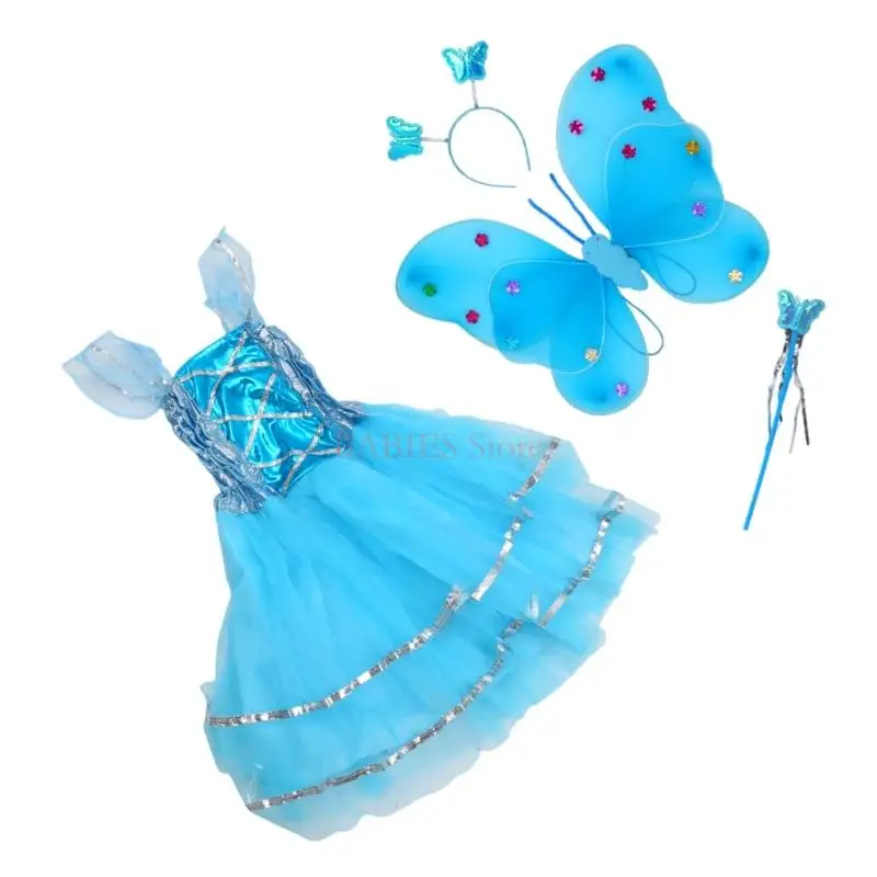 C9GB 4pcs Kids Girls Fairy Cosplay Costume Set Metallic Sleeveless Dress LED for Butterfly Angel Wing Wand Headband Fancy