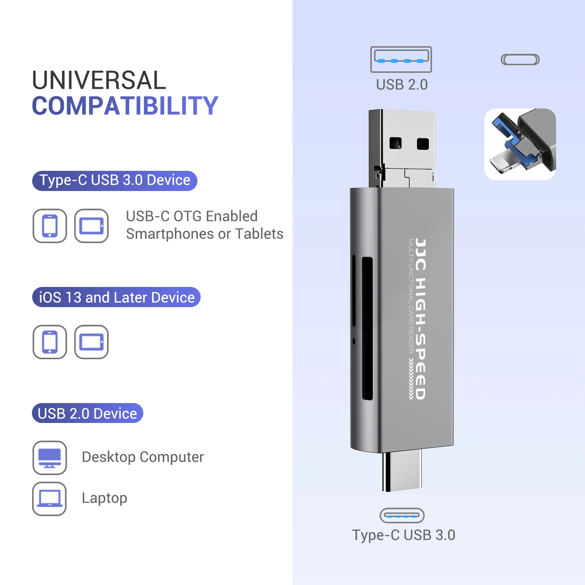 Кардридер JJC 1 ТБ поддерживает SD/MicroSD/SDHC USB 3.0 Type-A и USB 3.0 Type-C порт для iPhone iOS 13