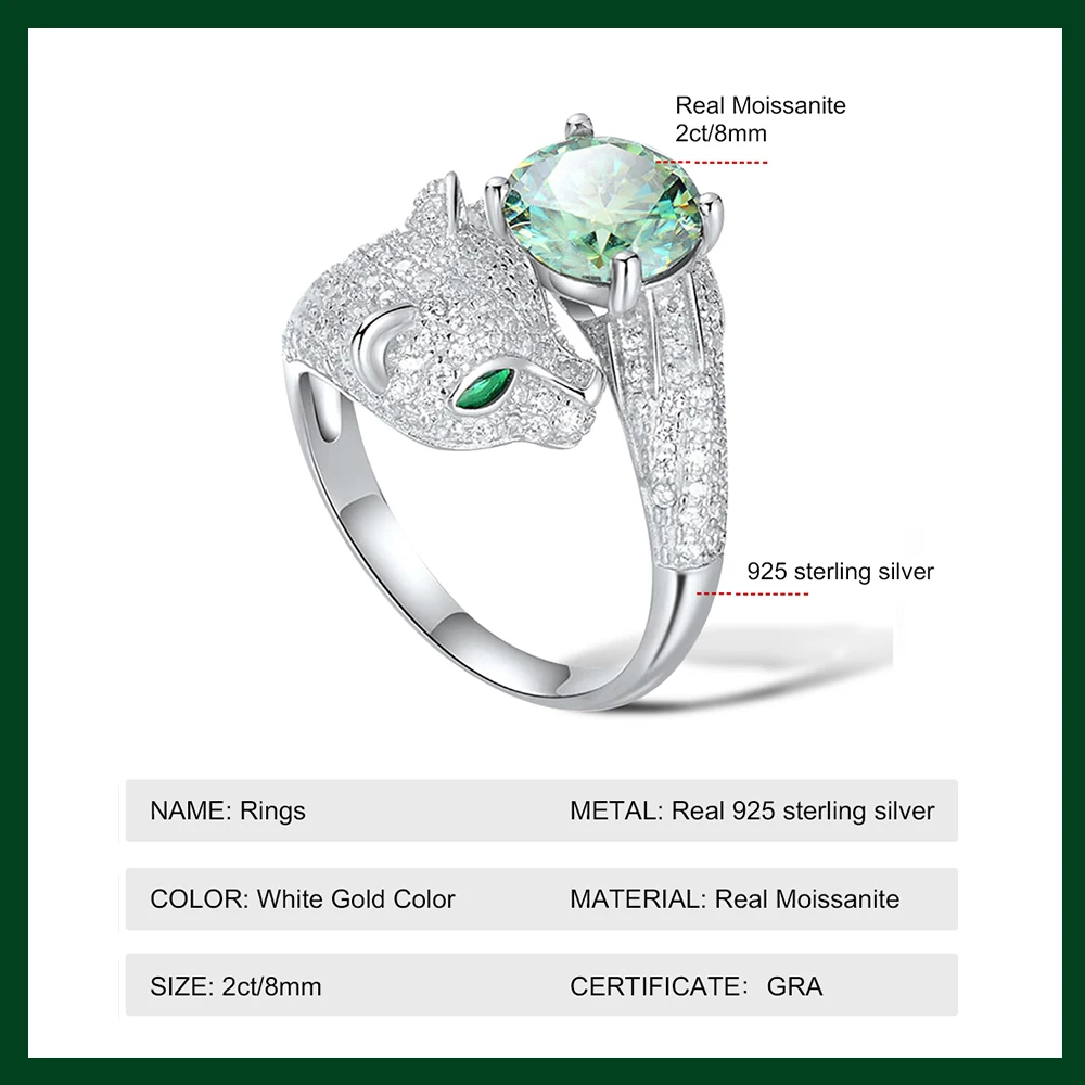 2 Carat Green Moissanite Rings For Women 925 Sterling Silver Leopard Head Luxury Diamond Ring Female Party Birthday Jewelry Gift