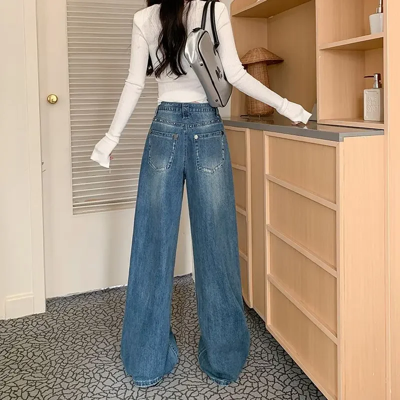 Y2K Jeans American Retro Rivet Washed Lightning Straight Leg Women Vintage Design Wide Leg Pants