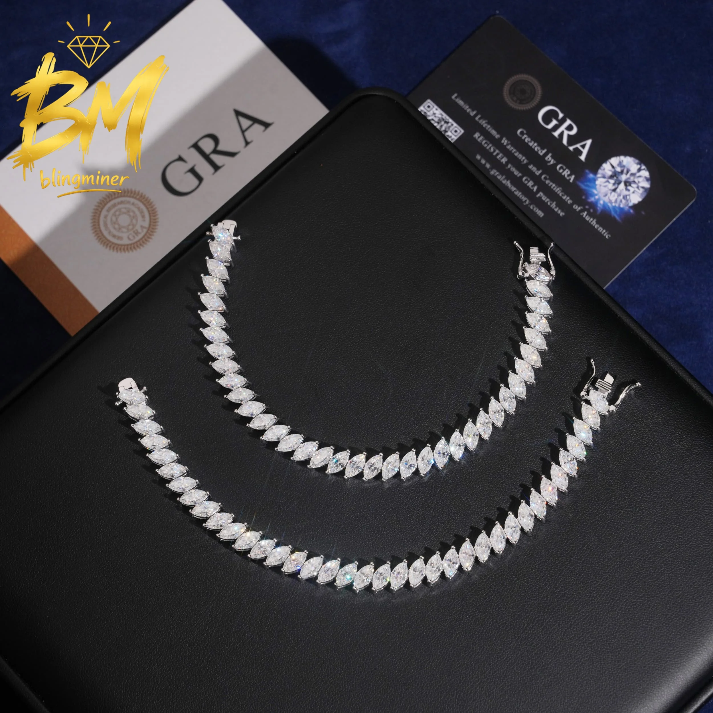 Blingminer Marquise Cut 4*8mm Moissanite Tennis Chain Bracelet Iced Out For Men Women S925 Silver Pass Diamonds Tester Free Ship