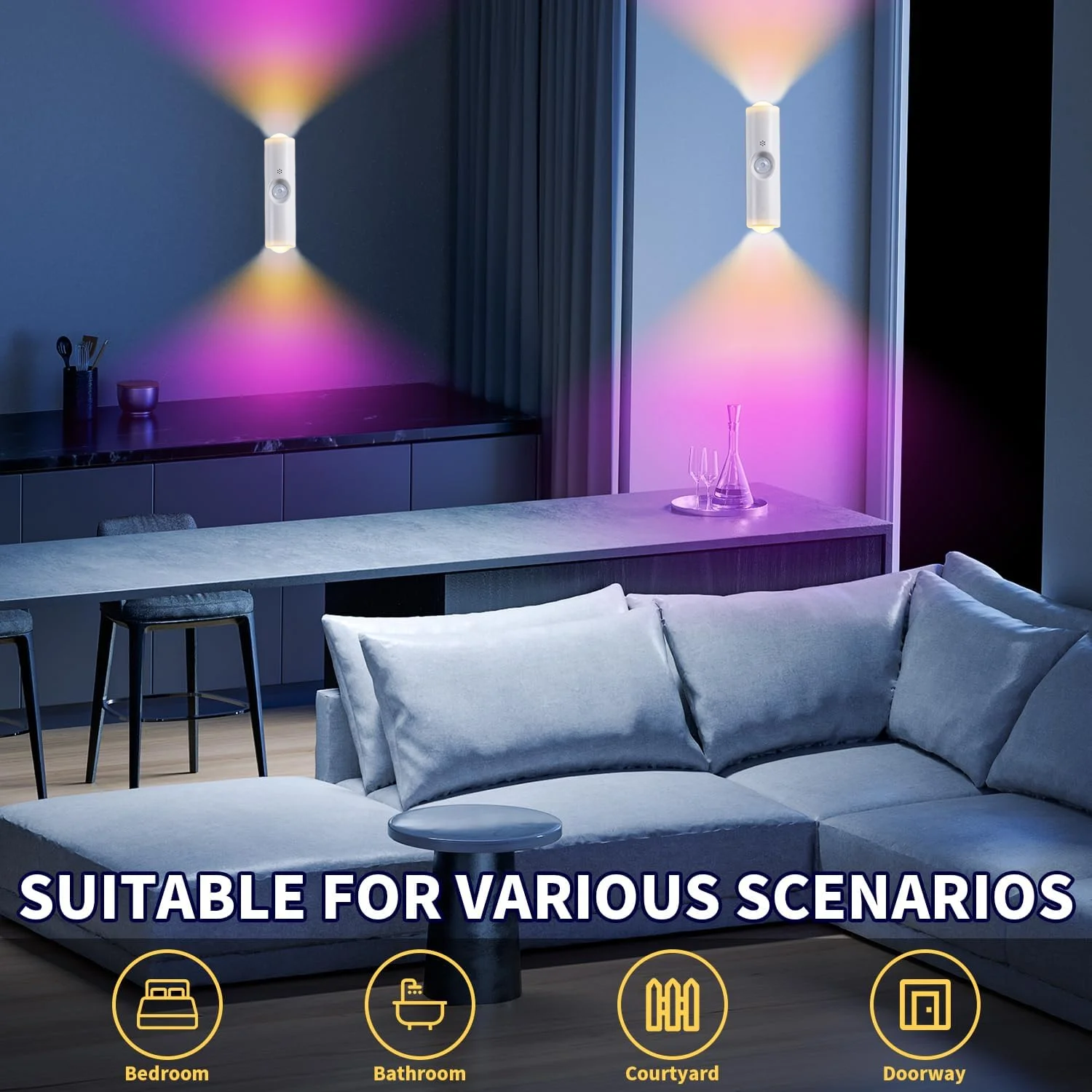 2PCS Motion Sensor Wall Lamp, Motion Sensor Light Indoor, Smart Night Light, Rechargeable Sensor Bathroom Light, Magnetic Mount Lamp for Bedroom, Bathroom, Courtyard, Livingroom (White-7 Color)