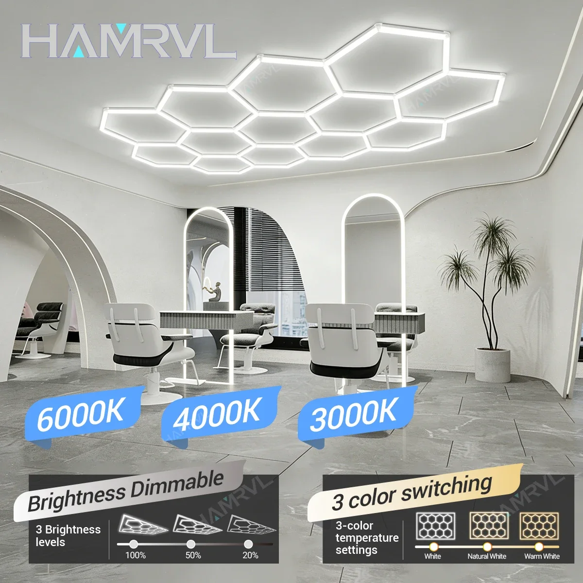 

Диммируемые шестиугольные светодиодные потолочные светильники, 3-цветные, с изменением цветовой температуры 3000K-6000K, в форме сот, для гаража, парикмахерской, спортзала, магазина и мастерской