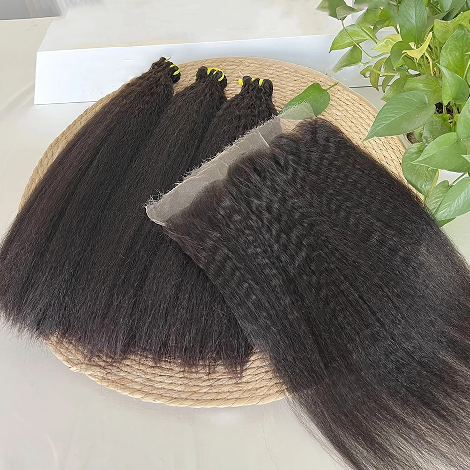 Double Drawn Kinky Straight Bundles With 4x4 5x5 13x4 HD Lace Closure Frontal Human Hair Natural Color Hair Weaving Extensions