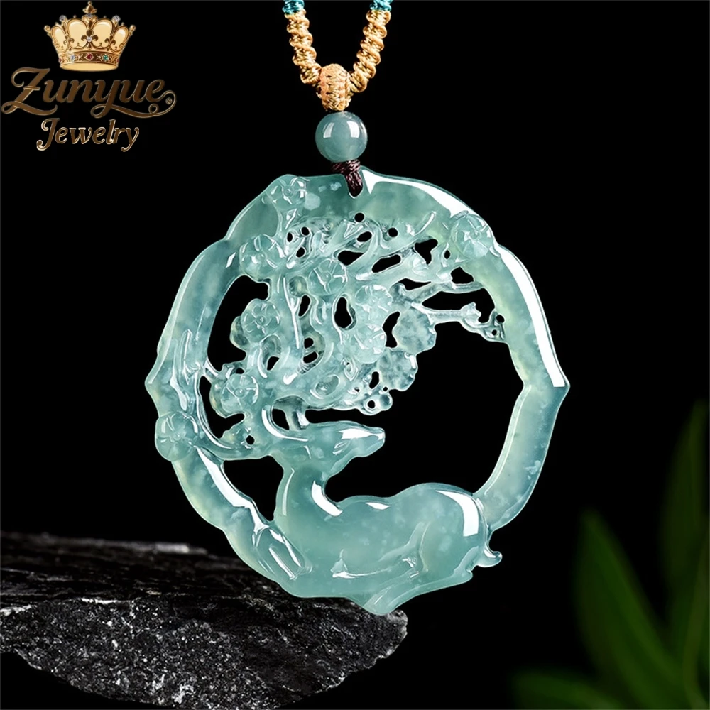 Natural Genuine Blue Water Jadeite Deer-Antler Plum Blossom Pattern Pendant Luxury Quality Jewelry Exquisite Charms Popular Gift